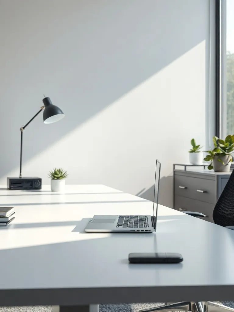 Minimalist modern office workspace with a sleek laptop, clea