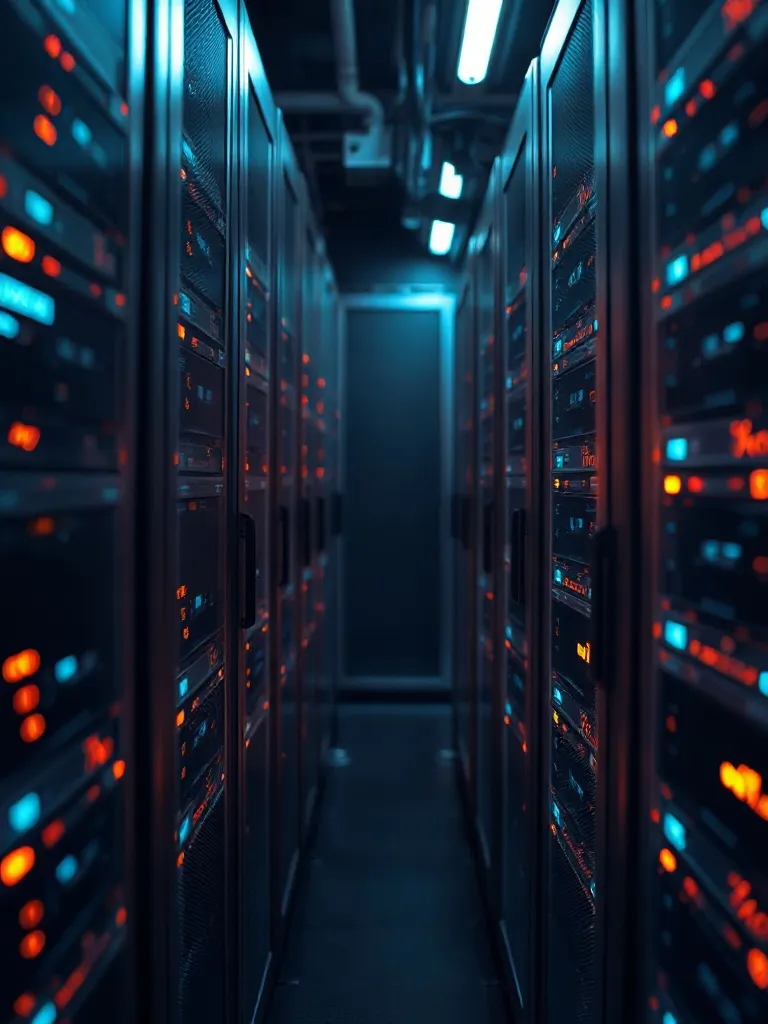 Abstract digital security representation, glowing server rac